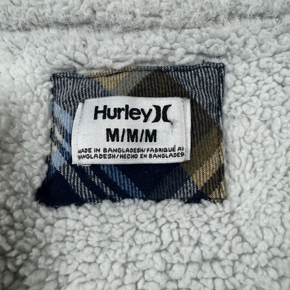 Hurley Jacket Mens Medium‎ Blue Plaid Snap Up Fleece Lined Flap Pockets